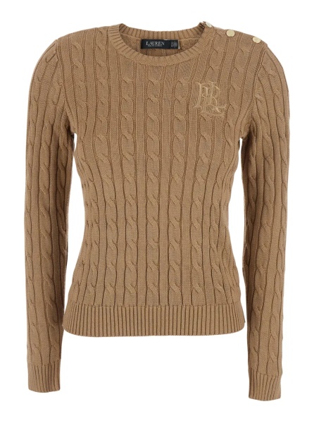 Pulover beige Crewneck sweater with cable knit and logo on the front in cotton Blend women