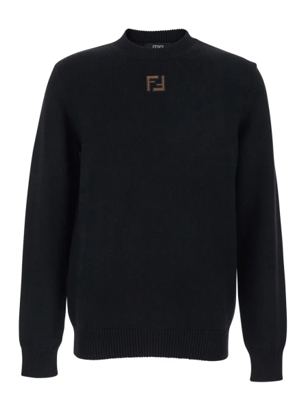 Pulover Black Crewneck Sweater with FF Embroidery on the Front in Wool for Men