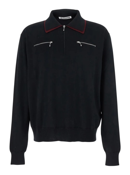 Pulover Black Sweater with Classic Collar and Front Zip Pockets in Wool Man