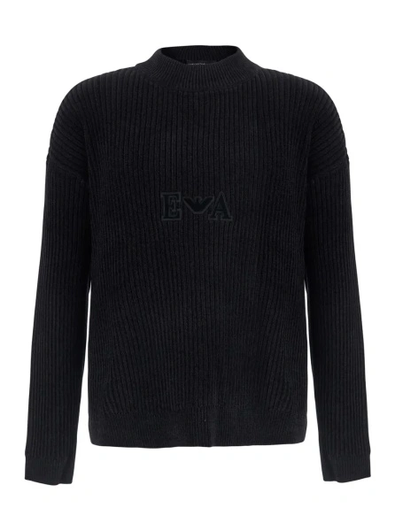 Pulover black Sweater with ribbed design and logo on the front in cotton for men
