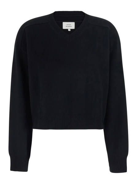 Pulover black sweater with V-neck and long sleeve in cashmere women