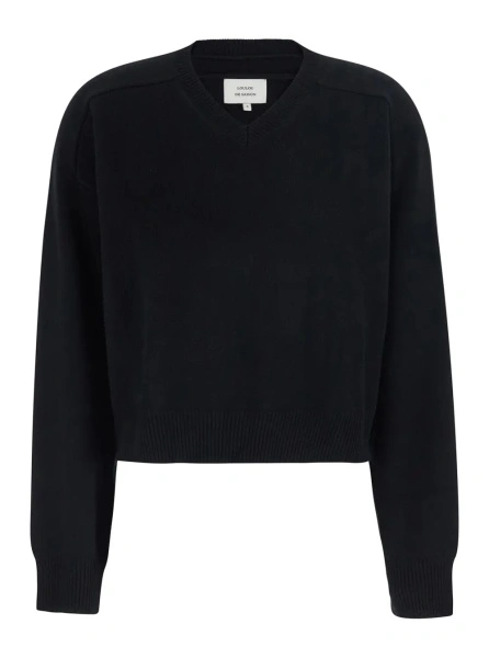 Pulover black sweater with V-neck and long sleeve in cashmere women