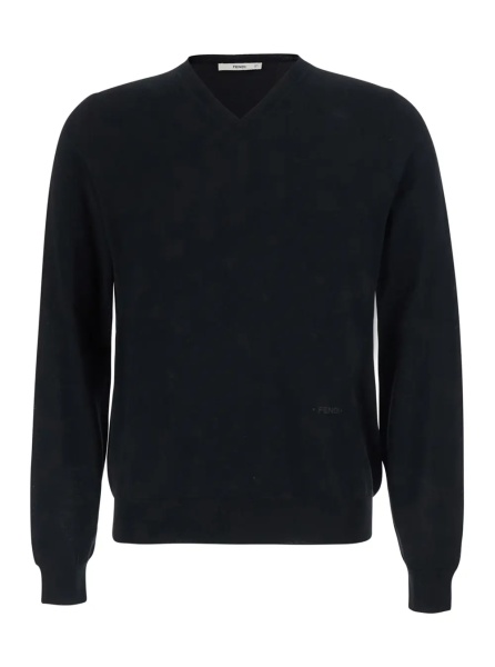 Pulover Black V-Neck Sweater with Logo Lettering on the Front in Wool for Women