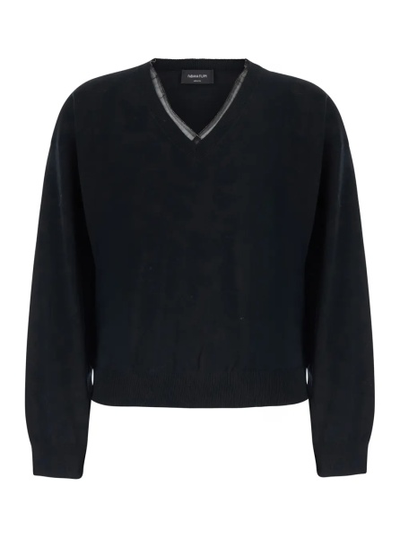 Pulover Black V-neck Sweater with Ribbed Edges in Wool and Cotton for Women