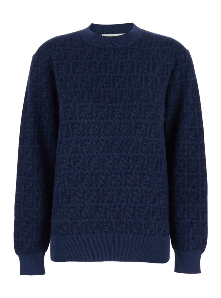 Pulover Blue Crew Neck Sweater with All-Over FF Motif in Wool and Silk for Women