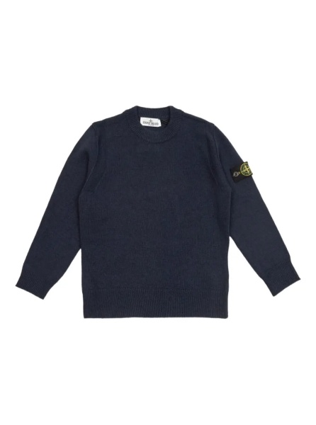 Pulover Blue Crewneck Sweater with Logo Patch on the Sleeve in Ribbed Trims in Wool and Cashmere Blend Boy