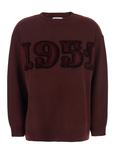 Pulover Bordeaux Crew Neck Sweater with Front Embroidery in Wool and Cashmere Blend Woman