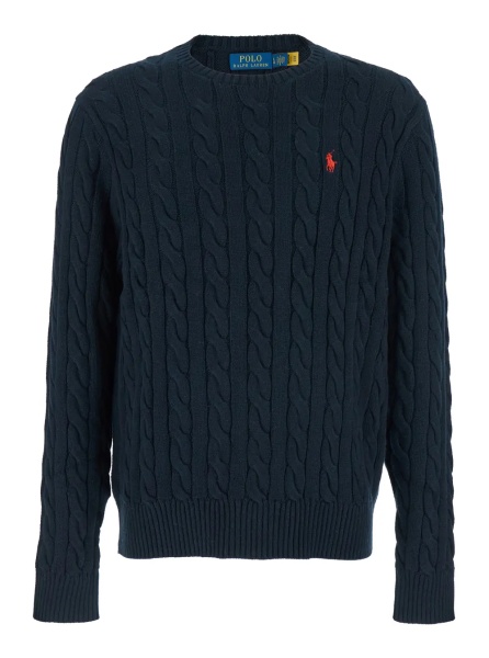Pulover Crewneck Sweater with Pony Embroidery on the Front and Woven Embroidery in Blue for Men