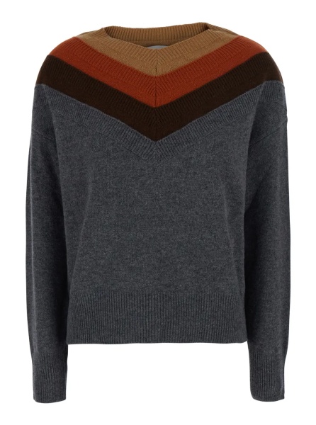 Pulover Gray Sweater with Triple Neck and Ribbed Trims in Wool for Women