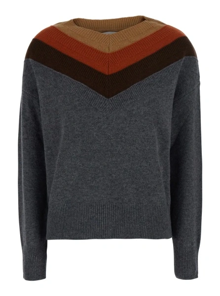 Pulover Gray Sweater with Triple Neck and Ribbed Trims in Wool for Women