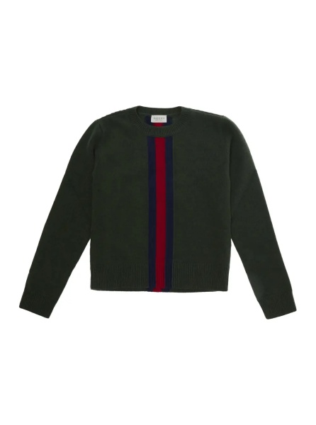 Pulover Green Crewneck sweater with Web embroidery in wool boy