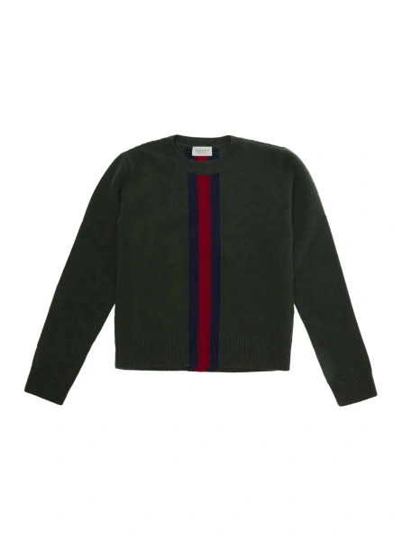 Pulover Green Crewneck sweater with Web embroidery in wool boy