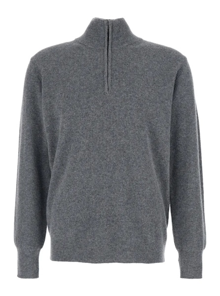 Pulover Grey Ribbed Knit Sweater with High Neck and Half Zip Closure in Wool Man