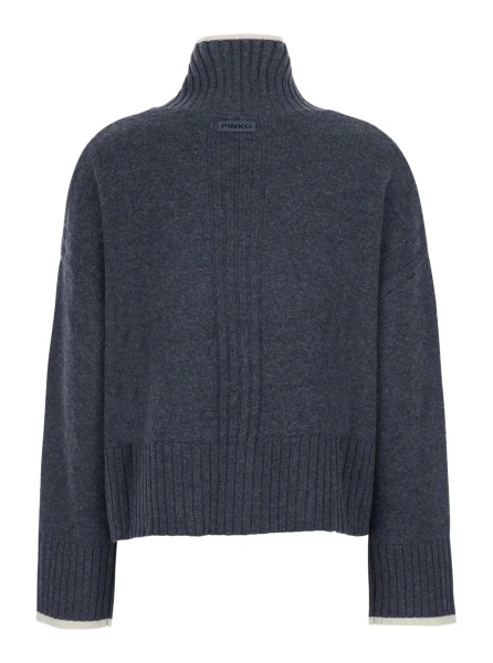 Pulover Grey Sweater with High Neck and Logo Patch on the Back in Wool and Cashmere for Women