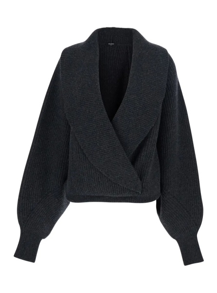 Pulover Grey Sweater with Weap Effect and Wide Revers in Wool Woman