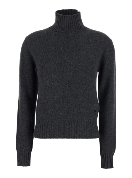 Pulover Grey Turtleneck Sweater with Ribbed Trims in Cashmere Woman