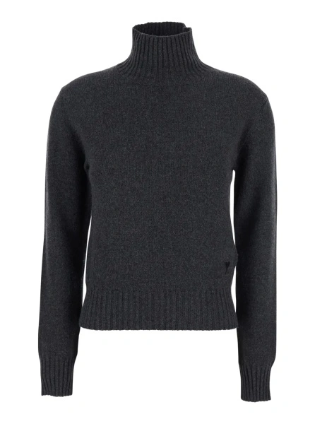 Pulover Grey Turtleneck Sweater with Ribbed Trims in Cashmere Woman