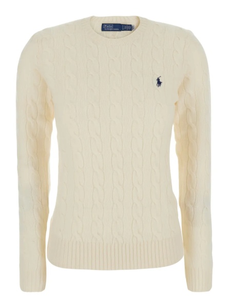Pulover 'Julianna' White Sweater with Pony embroidery on the front and cable knit in wool and cashmere for women