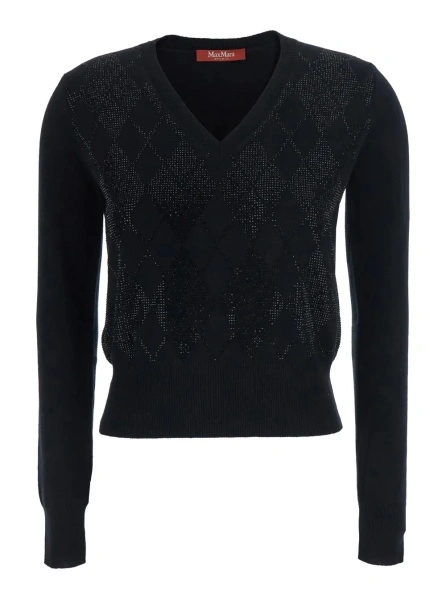 Pulover 'Liuti' Black Sweater with V-neck in wool and cashmere blend for women