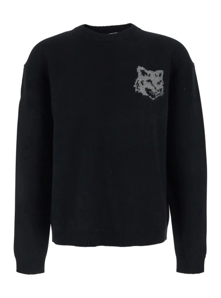 Pulover MAISON KITSUNÉ Black Crewneck Sweater with Dropped Shoulders and Logo Embroidery on the Front in Wool Man