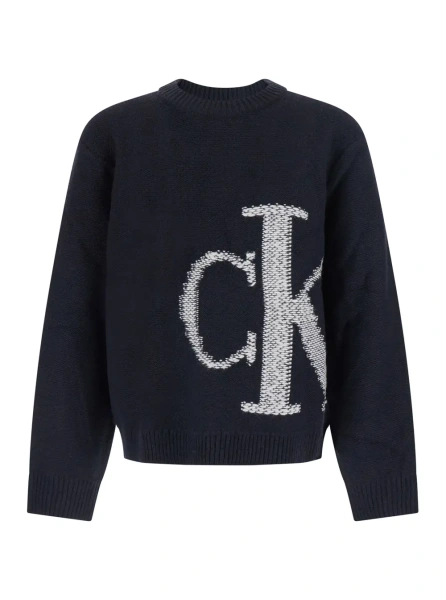 Pulover Oversized logo wool sweater with round neck and long sleeves, Black, Man