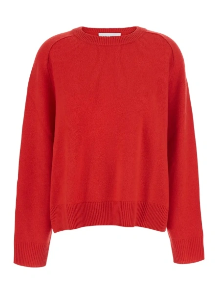 Pulover red crew neck sweater with ribbed knit in cotton blend Women