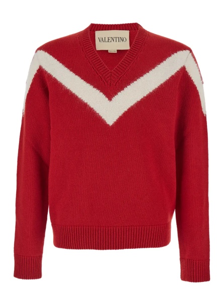Pulover Red Sweater with V Neck and Rear Bow with VLogo Plaque in Wool Man