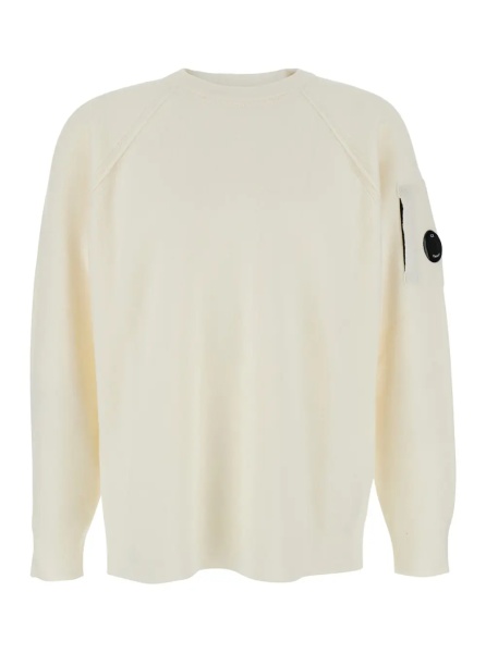 Pulover White Crewneck Sweater with Logo Plaque on the Sleeve in Wool Blend Man