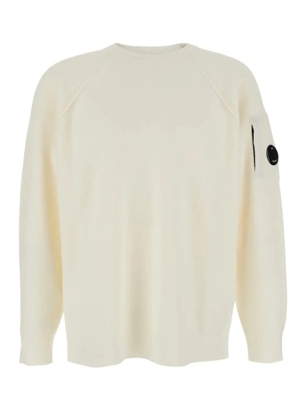 Pulover White Crewneck Sweater with Logo Plaque on the Sleeve in Wool Blend Man