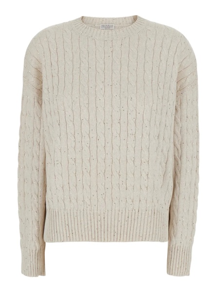 Pulover White Sweater with cable knit and ribbed finishes in cotton blend for women