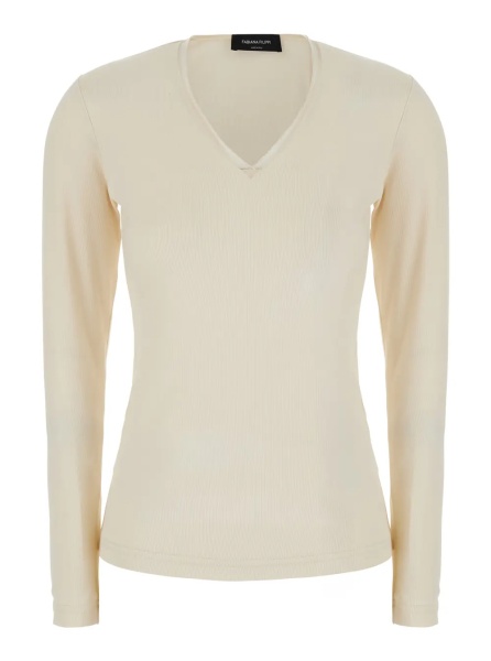 Pulover White V-Neck Sweater in Cotton for Women