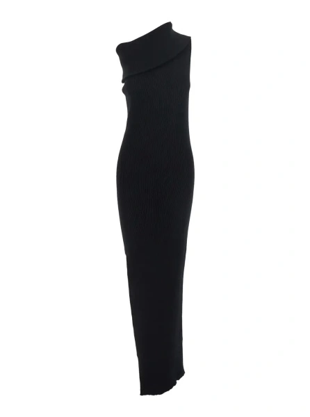 Rochii 'Athena' Black Ribbed Knit Sleeveless Asymmetric Long Dress with Wide Neckline in Viscose Blend Woman