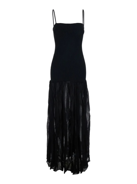 Rochii Black Long Dress with Square Neckline and Thin Straps in Tech Fabric for Women