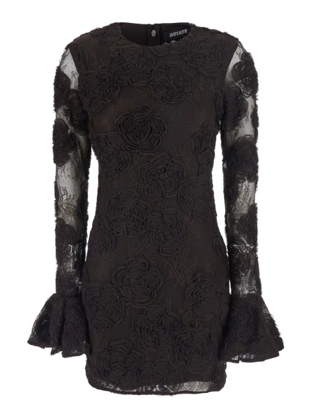 Rochii Brown Mini dress with all-over floral embroidery and long flared sleeves in Tech Fabric for women