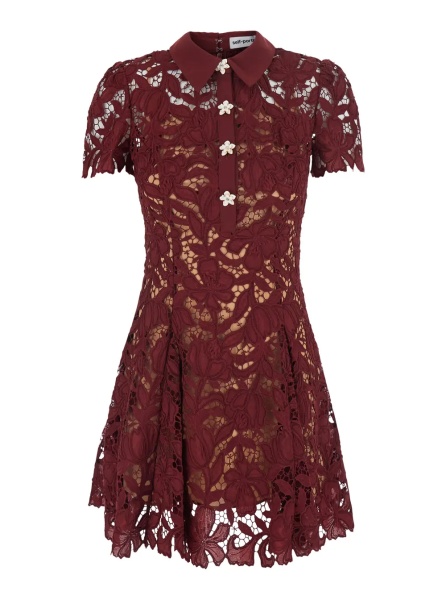 Rochii burgundy Mini dress with lace details and flower-shaped buttons in fabric for women