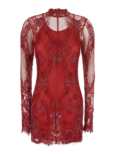 Rochii Dress with round collar and long sleeves in Tech Fabric red for women