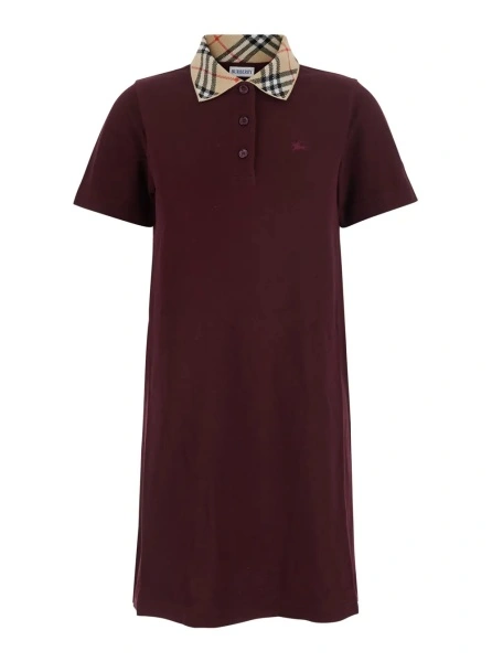 Rochii 'Iris' Bordeaux Dress with classic collar with Motif Check and EKD embroidery on the front in cotton for women
