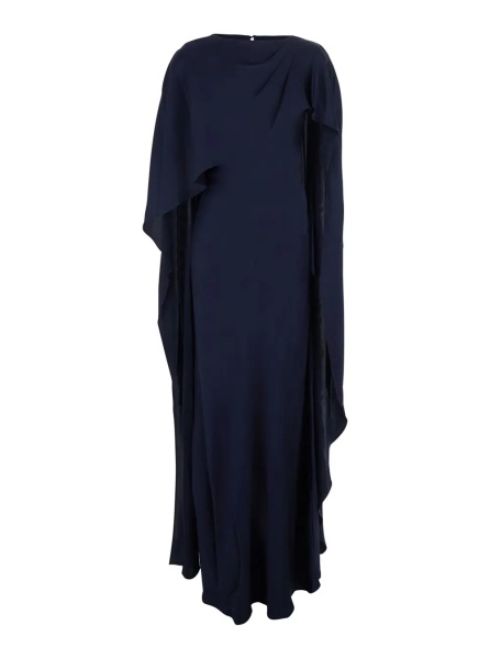 Rochii 'Izel' Blue Long Dress with Asymmetric Draping and Side Zip Closure in Stretch Tech Fabric for Women