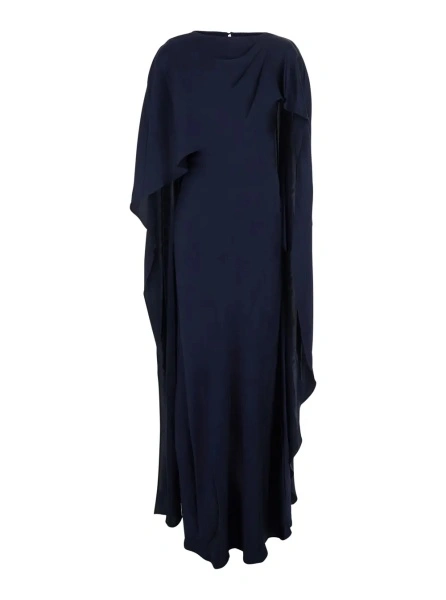 Rochii 'Izel' Blue Long Dress with Asymmetric Draping and Side Zip Closure in Stretch Tech Fabric for Women