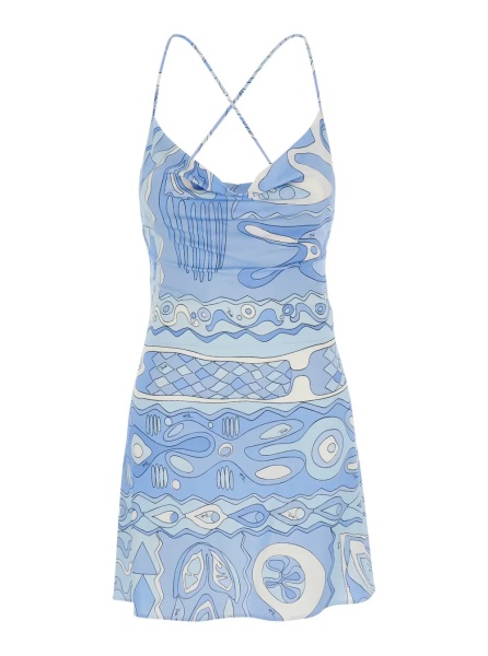 Rochii Light Blue Sleeveless Dress with Crossed Spaghetti Straps and All-Over Geometric Print in Stretch Viscose for Women