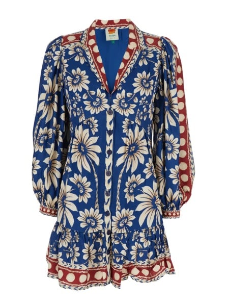 Rochii 'Luna' Blue Midi Dress with V-Neck and Floral Motif All-Over in Viscose for Women