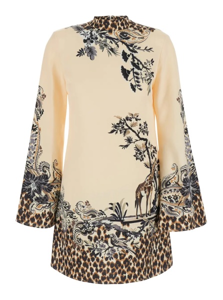 Rochii Multicolor High-neck dress with flared long sleeves and print on the front and back in cotton blend for women