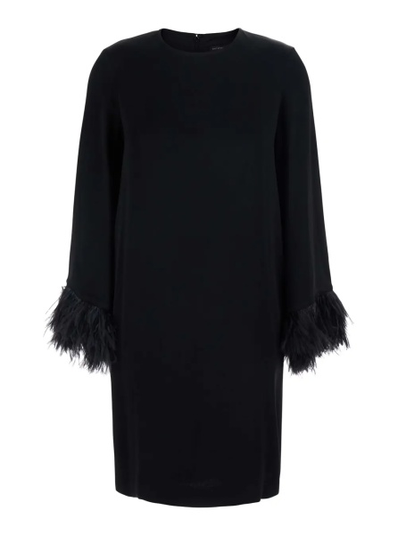 Rochii 'Violetta' Black Dress with Long Sleeves and Feather Details in Satin for Women
