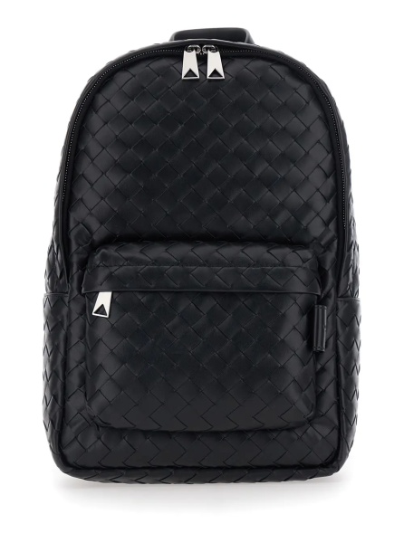 Rucsac Black Small Backpack with Zip Pocket on the Front and Intreccio Motif in Leather for Men