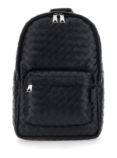 Rucsac Black Small Backpack with Zip Pocket on the Front and Intreccio Motif in Leather for Men