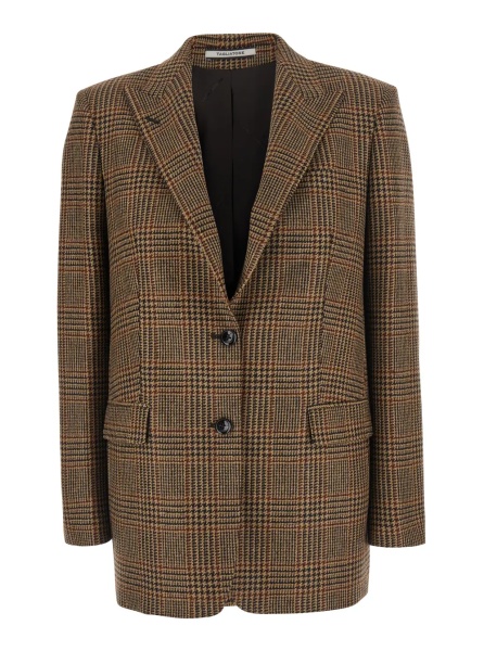 Sacou 'Berta' Brown Single-Breasted Jacket with Peak Revers and All-Over Houndstooth Motif in Wool for Men