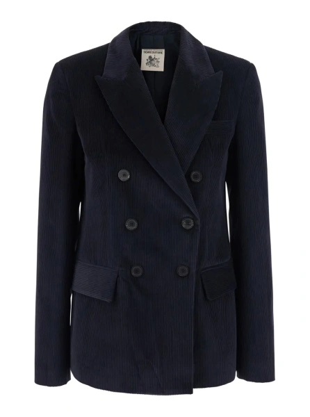 Sacou Blue double-breasted Jacket with Peak revers in corduroy for women