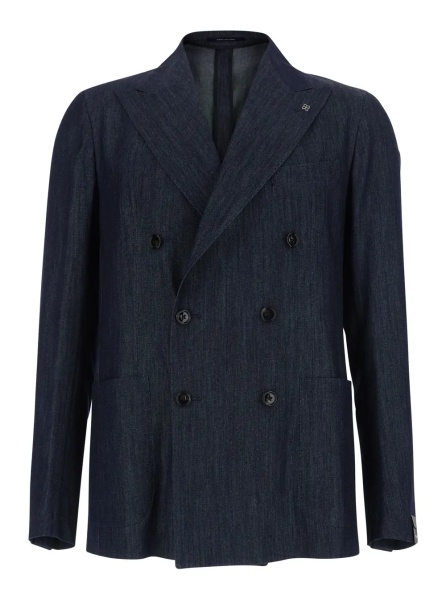 Sacou Blue Double-breasted Jacket with Peak Revers in Denim for Men