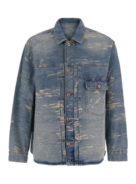 Sacou Blue jacket with faded design and all-over rips in denim for men