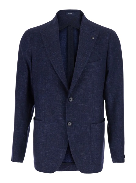 Sacou Blue Single-breasted Jacket with Peak Revers and Brooch on the Front in Wool for Men